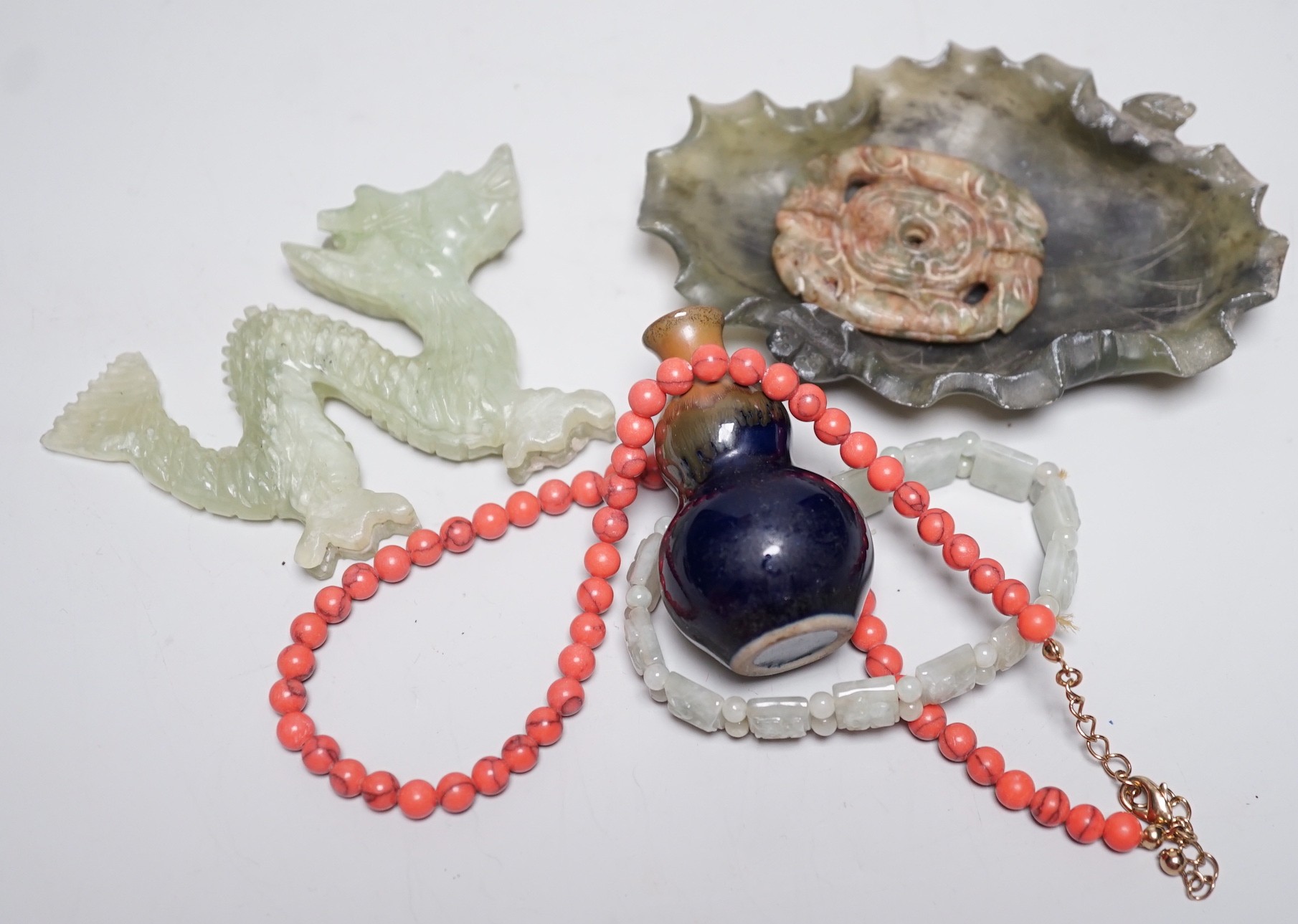 Assorted Chinese carvings, coral beads etc.
